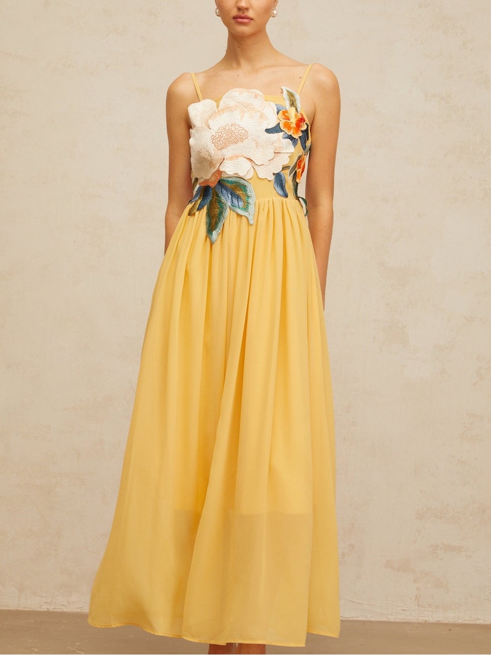 Miss Rosier Spaghetti-Strap Yellow Floral Appliqué Maxi Dress